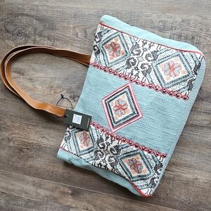 Myra Bag Blue and Brown Tote with Unique Geometric Pattern